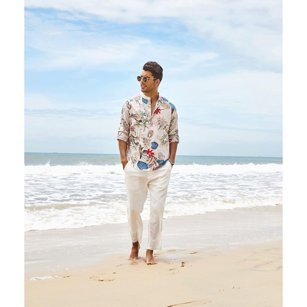 Men's Khaki Floral Cotton Linen Henley T-shirt Long Sleeve Casual Beach Button - Picture 3 of 8